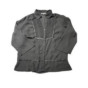 NY Collection Womens M Black Lightweight Button Down 3/4 Sleeve Blouse